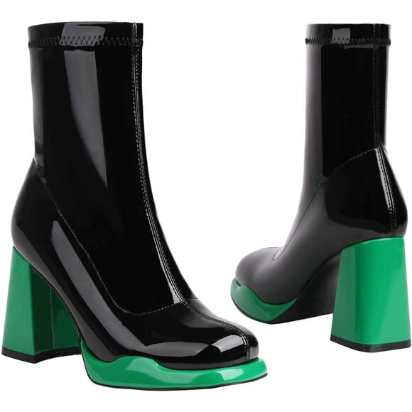 Women's Green Chunky Heel Ankle Boots Square Toe Mid Calf Side Zippers Boots - Picture 8 of 9